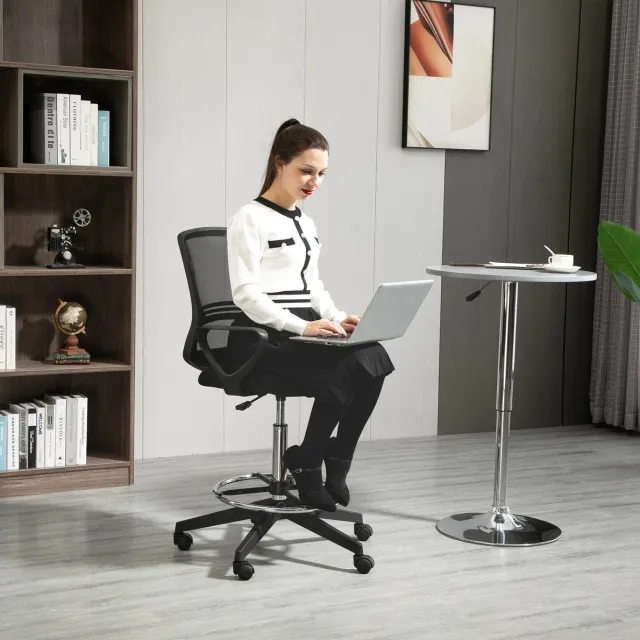 DESMIU Bureaustoel 59,5 x 60 x 126 cm - Ergonomisch Draaibaar Met Voetsteun En Vaste Armleuningen - Voor Kantoor En Balie - Metaal Kunststof Zwart