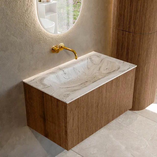 Mondiaz KURVE-DLUX 80 cm Onderkast Greeploos 1 Lade Zonder Deuren Walnut, Wastafel Solid Surface Volledig Glace 0 Kraangaten Zonder Spiegel (KRVBGS801L0D0KM-Wal/Gla)