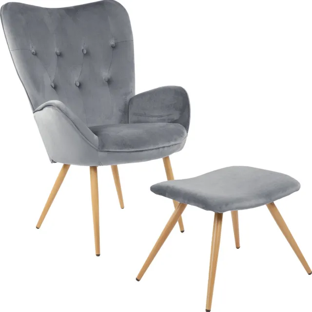 Albatros International Albatros Wing Chair met Krukje York, Grijs - Vintage u Stijlvol, Fluwelen Bekleding - Elegante en SGS Goedgekeurde Leesstoel of Relaxstoel met Krukje in Moderne Look