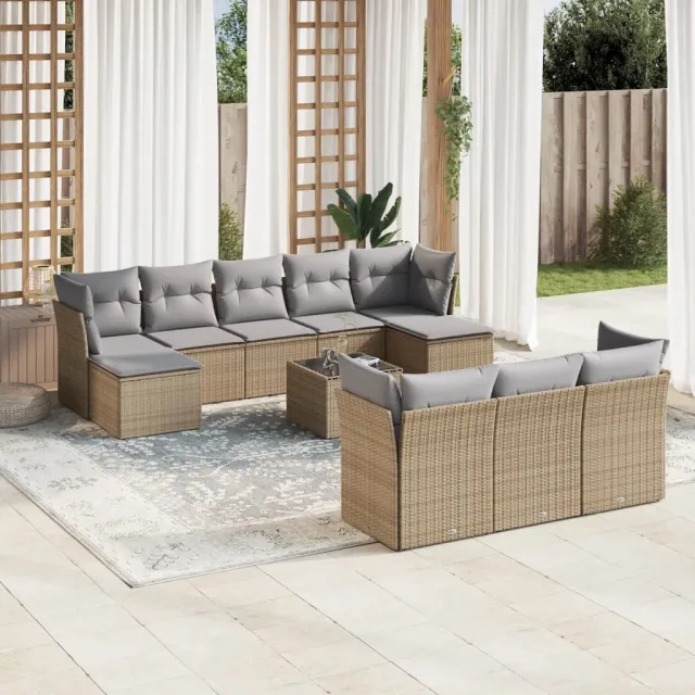vidaXL 11-delige Tuinset met kussens poly rattan beige, foto 2