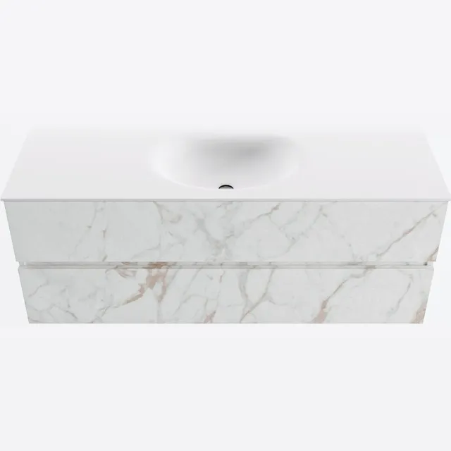 Mondiaz VICA 130cm badmeubel onderkast Carrara 2 lades. Wastafel MOON midden 1 kraangat, kleur Talc. Cararra