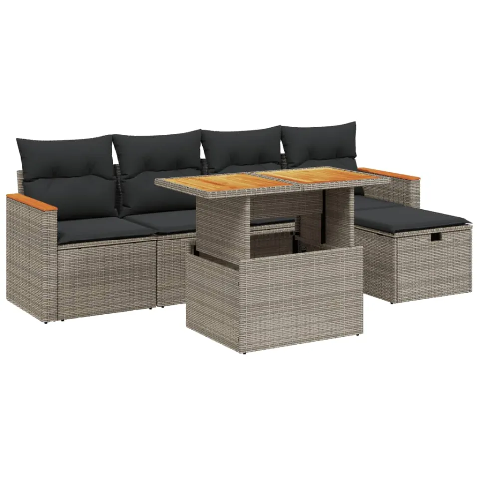 vidaXL 6-delige Loungeset met kussens poly rattan grijs, foto 3