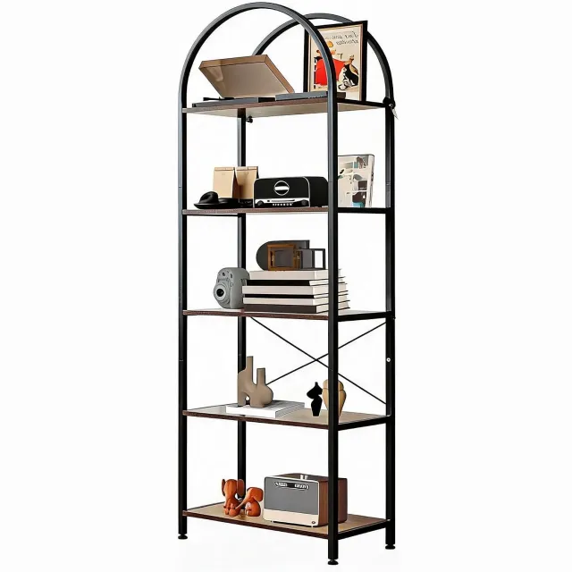 HOERFURIY Moderne vrijstaande boogvormige boekenkast, 5 open planken zwart frame bruin blad 60x28x180cm zwart en bruin