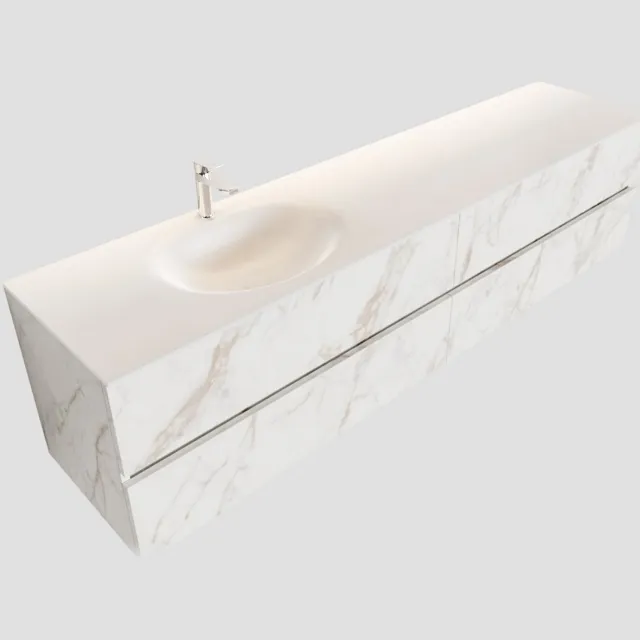 Boss & Wessing Badkamermeubel BWS Valencia Carrara Mat 200 cm Solid Surface Wastafel Rechthoekige Wasbak Links (1 kraangat, 4 lades)