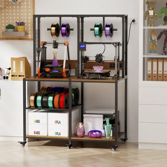 MIVRAY 3D-Printertafel - Voor 2 3D-Printers - 119,9 x 59,9 x 160 cm - Metaal - Zwart - Met Filamentopslag en Vergrendelbare Wielen