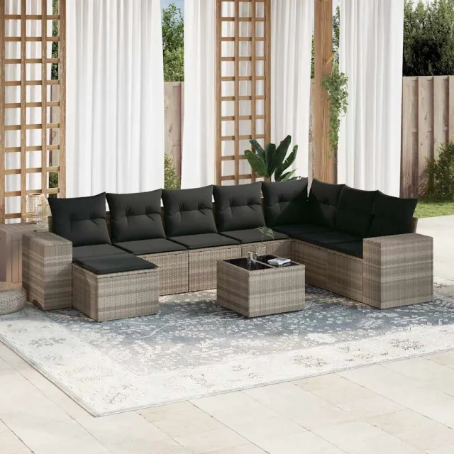 vidaXL 9-delige Loungeset met kussens poly rattan lichtgrijs grijs, foto 2