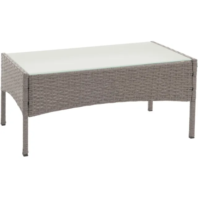 MCW Halden poly rotan tuintafel, bijzettafel met glazen blad ~ grijs
