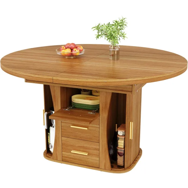 Clruro Eettafel - 118-158 cm - Rond naar Ovaal Verlengbaar - met Opbergruimte - Hout - Walnoot