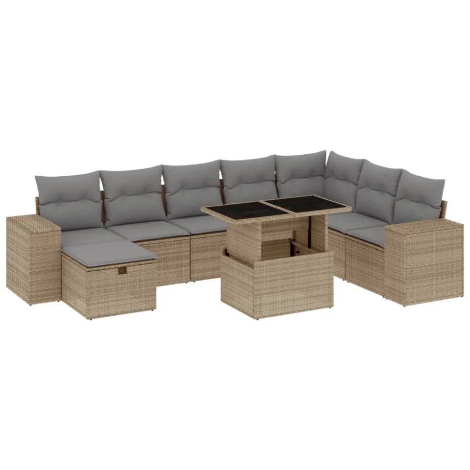 vidaXL 9-delige Loungeset met kussens poly rattan beige