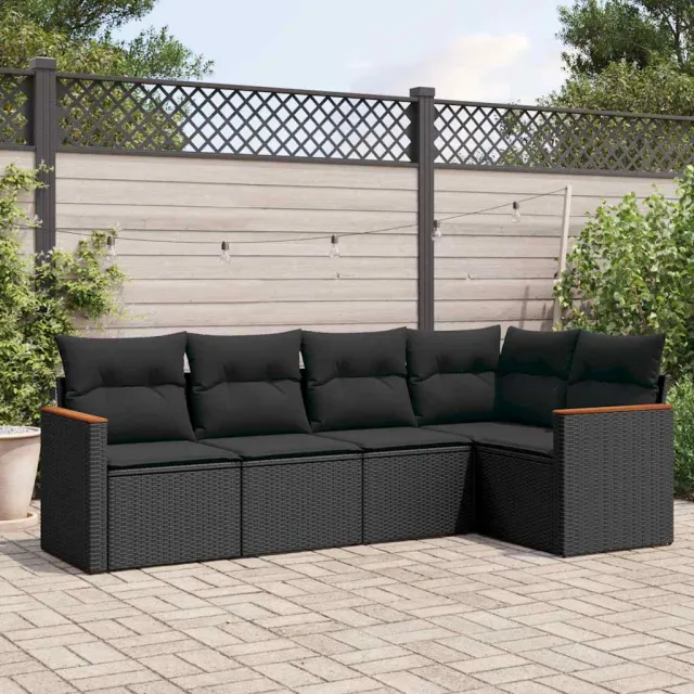 vidaXL 5-delige Loungeset met kussens poly rattan zwart, foto 2