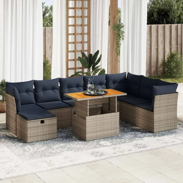 vidaXL 9-delige Loungeset met kussens poly rattan acacia grijs, foto 2