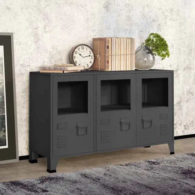 vidaXL Dressoir industrieel 105x35x62 cm metaal en glas antracietkleur, foto 2