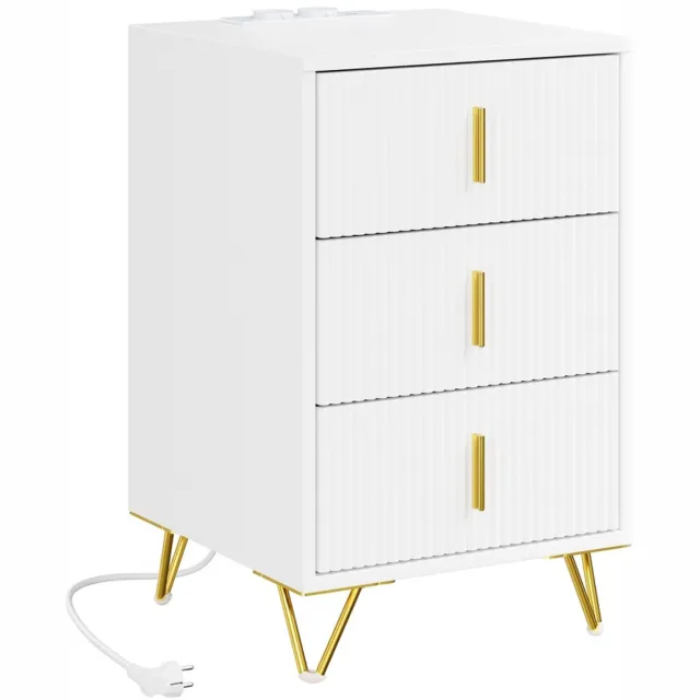SoBuy Nachtkastje wit - Set van 2 nachtkastjes met 3 lades en stopcontacten met USB-poorten - Nachtkastje met goudkleurige poten en geribbelde ladevoorkanten | FBT115-II-L-E-W