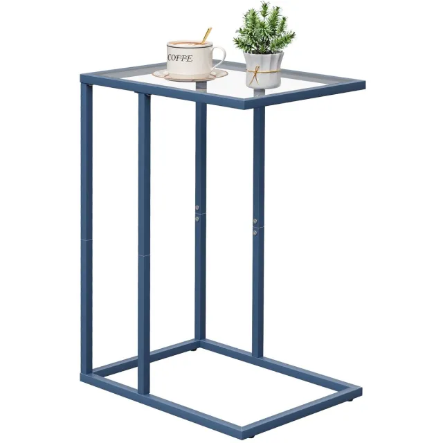 Unyqoos Stijlvolle en Functionele C-vormige Bijzettafel van Glas in Blauwe Tint