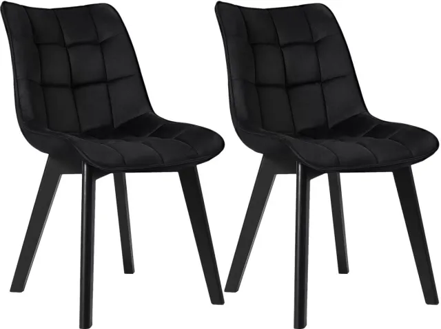 Whoopr® Set van 2 Fluwelen Eetkamerstoelen – Gecapitonneerde Stoelen met Ergonomische Rugleuning & Houten Poten – Gestoffeerde Keukenstoelen voor Eetkamer & Woonkamer Zwart
