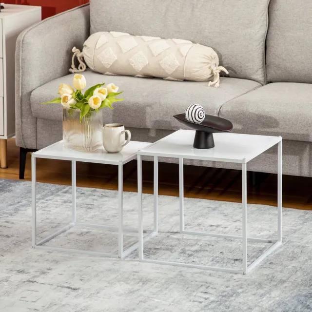 OKWISH Salontafel Set Van 2 - Vierkant Modern Design Met Staalframe - Voor Woonkamer - Wit - 40 X 40 X 40 Cm