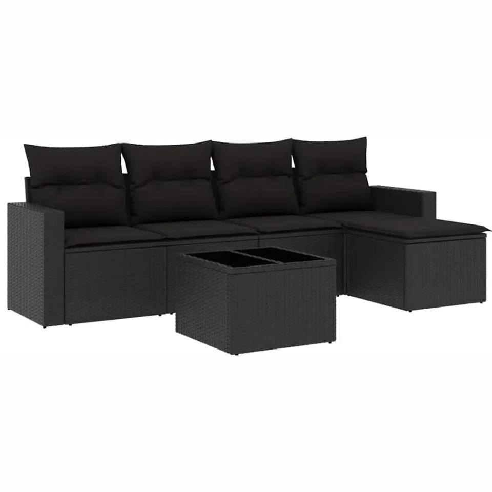 vidaXL 6-delige Loungeset met kussens poly rattan zwart, foto 3