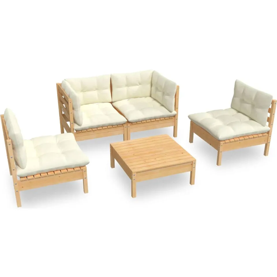 vidaXL 5-delige Loungeset met crèmekleurige kussens massief grenenhout, foto 3