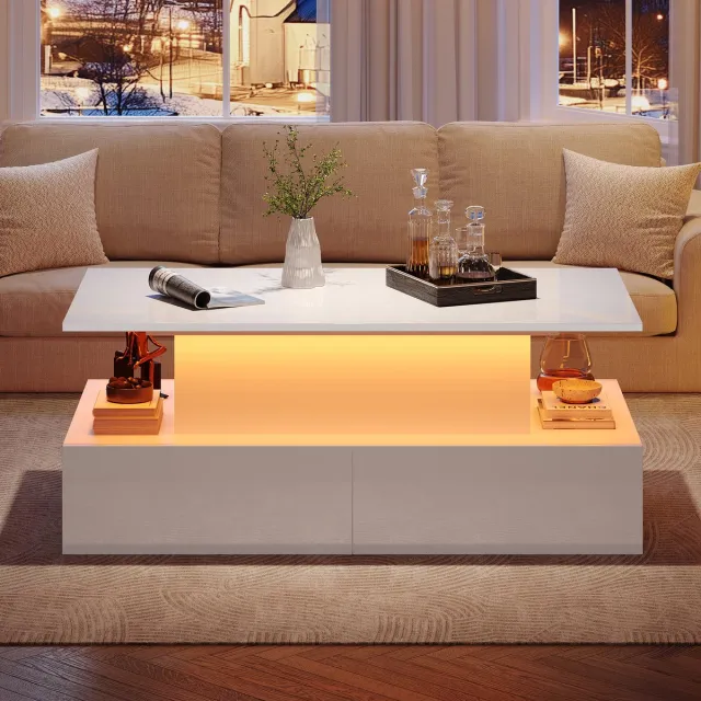 DESMIU Salontafel - Hoogglans Met LED En Verborgen Opbergruimte - Voor Woonkamer En Leeshoek - Spaanplaat - Wit - 90 X 55 X 41 Cm