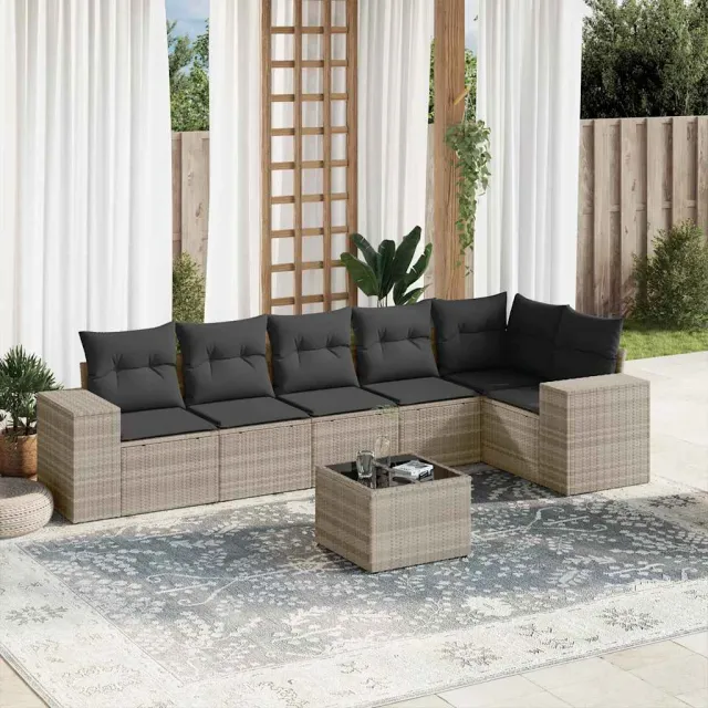 vidaXL 7-delige Loungeset met kussens poly rattan lichtgrijs grijs, foto 2