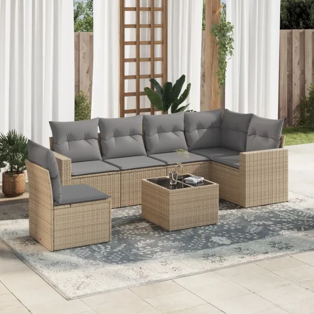 vidaXL 7-delige Loungeset met kussens poly rattan beige, foto 2