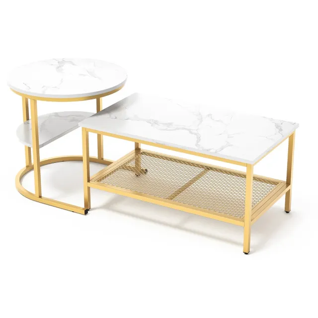 Gudalio Salontafel - Bijzettafel - Koffietafel - Banktafel - 2 in 1 - Set - Opbergplanken - Metalen frame - Marmerlook - Goud Wit