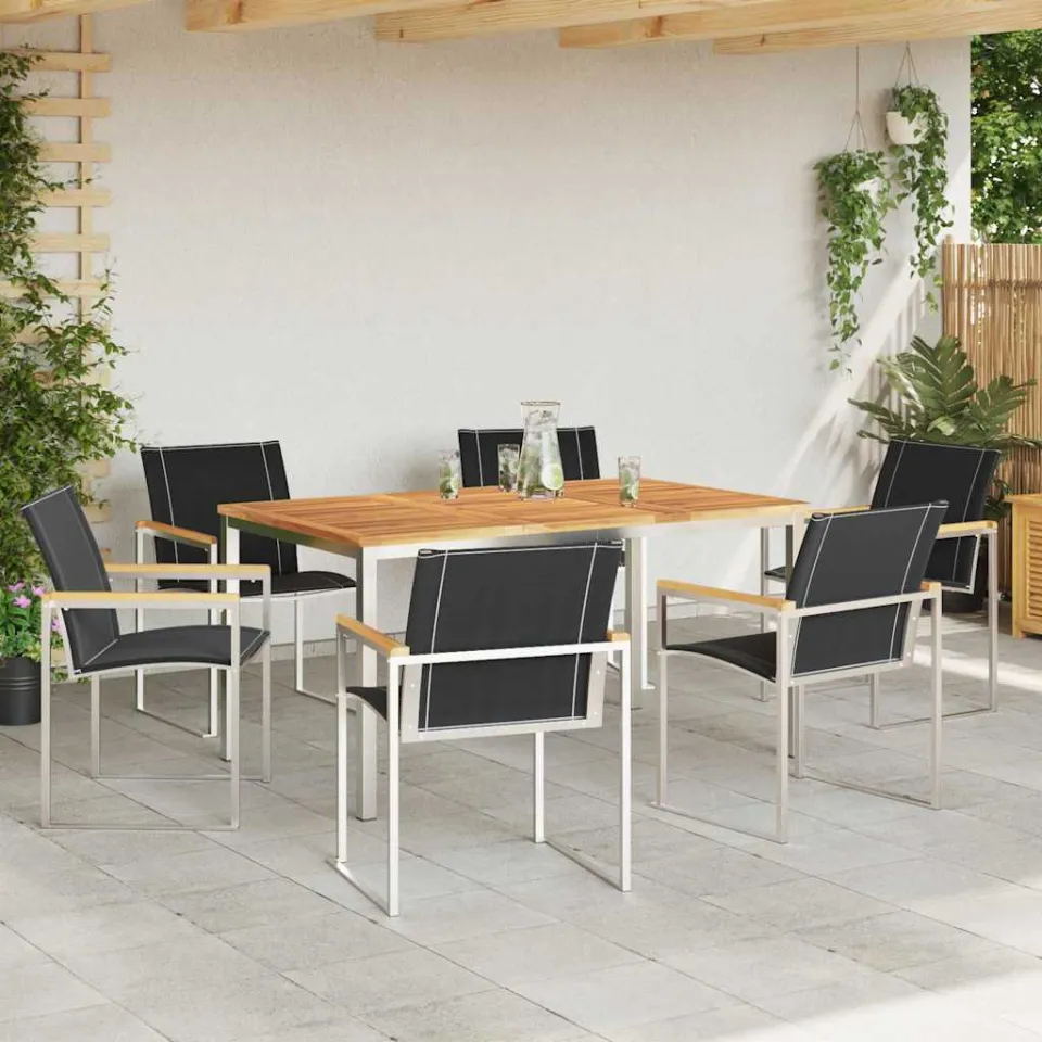 vidaXL Tuin eettafelset 7 st Massief acaciahout en roestvrij staal, foto 3