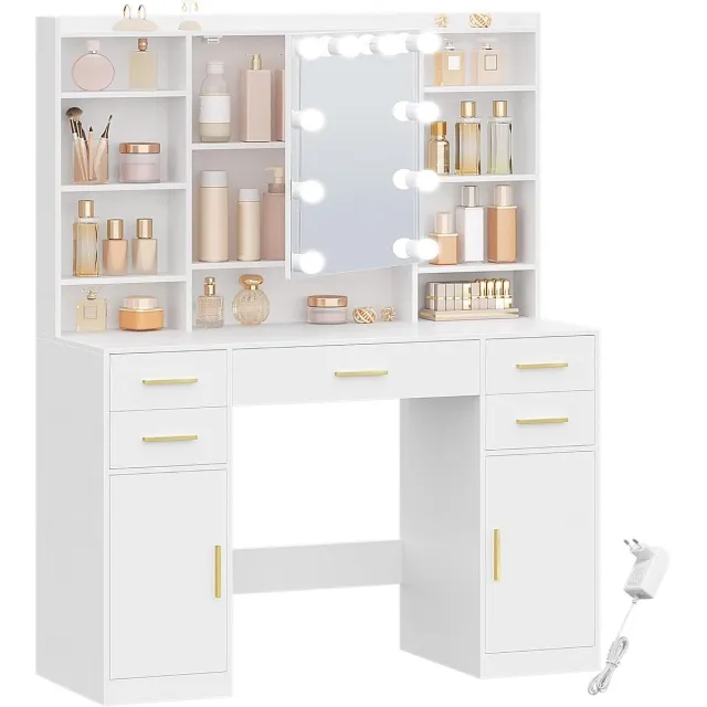 HILINSIE 108 cm Kaptafel met Spiegel, Kaptafel met 10 LED-Lampen, Instelbare Helderheid, Make-up Bureau met Verborgen Planken, 5 Laden, 2 Kasten en 9 Open Planken, Voor Slaapkamer, 40 × 108 × 144 cm, Wit