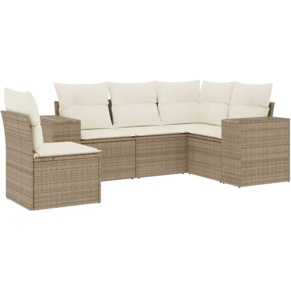 vidaXL 5-delige Loungeset met kussens poly rattan beige, foto 3