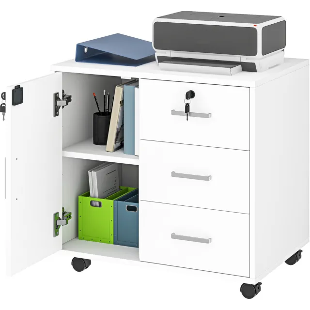 Lunpog Archiefkast op wielen - afsluitbare mobiele archiefkast met 3 lades - gesloten en open opbergruimte - 40 x 60 x 56 cm - Wit