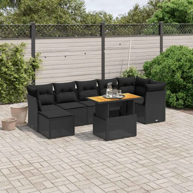vidaXL 8-delige Loungeset met kussens poly rattan zwart, foto 2