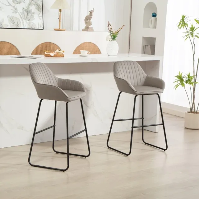 MIVRAY Barkruk Set Van 2 Grijze Stoffen Barstoelen Met Rugleuning En Armleuningen Voor Keuken Eiland En Bar Metaal Grijs