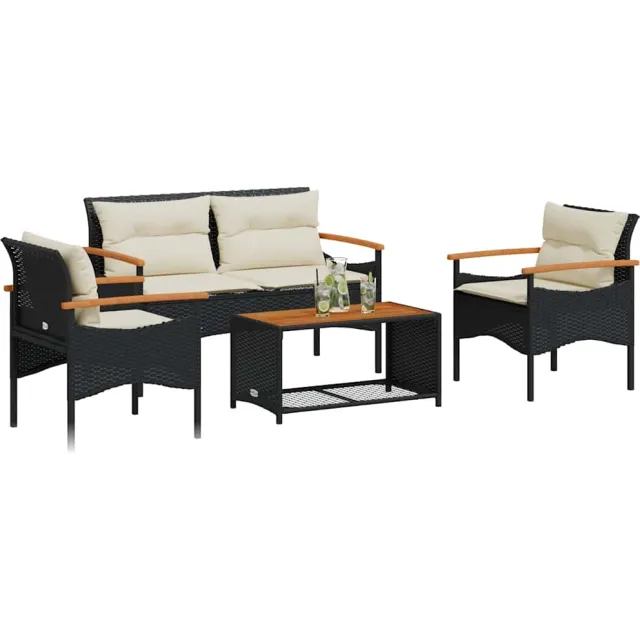 vidaXL 4-delige Loungeset met kussens poly rattan zwart
