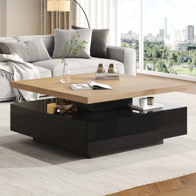 Maisentiel Vierkante salontafel 70 x 70 cm - 360° draaibaar met lade - zwart/walnoot
