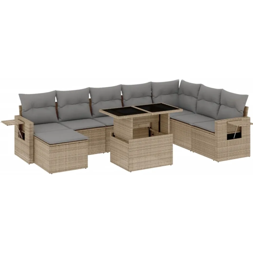 vidaXL 9-delige Loungeset met kussens poly rattan beige