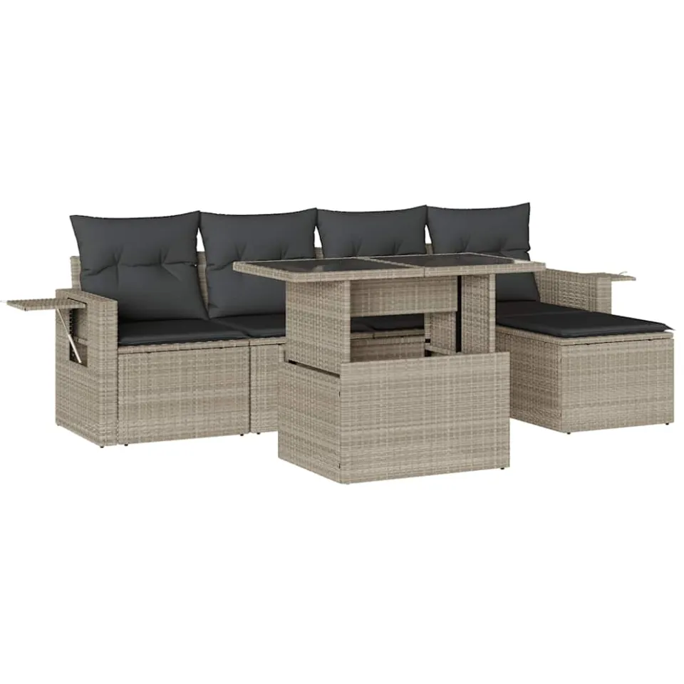 vidaXL 6-delige Loungeset met kussens poly rattan lichtgrijs