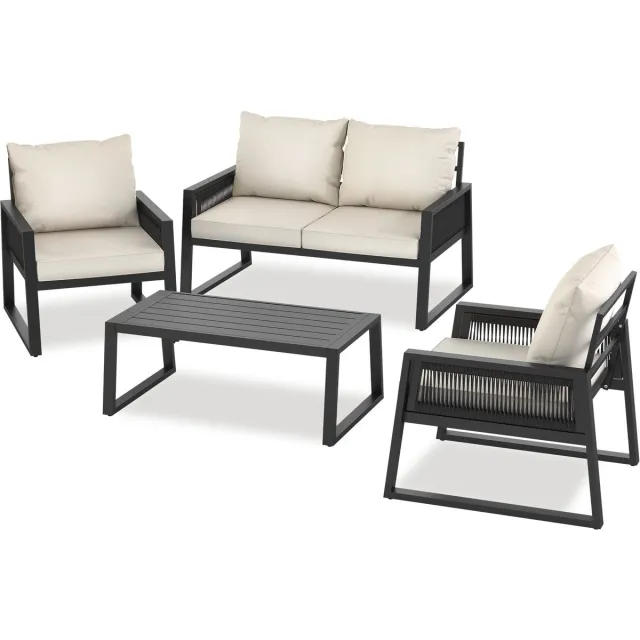 Tectake Rope Design Loungeset voor Tuin, Terras of Balkon - Tuinset met 2 Tuinstoelen, 1 Tuinbank en 1 Tafel in Houtlook - Inclusief Weerbestendige Kussens - Aluminium Frame met in Hoogte Verstelbare Voetjes - 4 Personen Bank + Stoelen