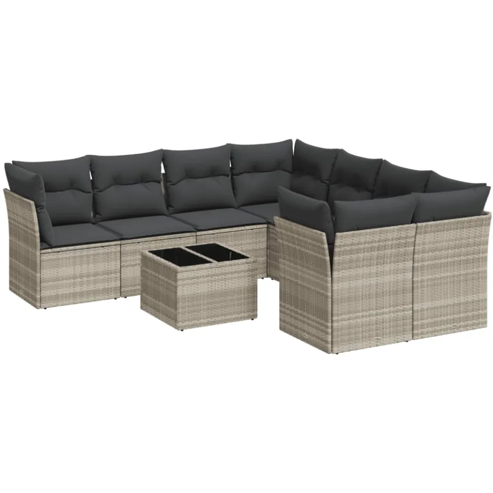 vidaXL 9-delige Loungeset met kussens poly rattan lichtgrijs