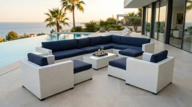 Elysium Loungeset 12-delig | Wit Wicker & Donkerblauwe Kussens | 9 Personen | Aluminium Frame | incl. Tafels Wit / Blauw