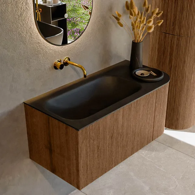 Mondiaz KURVE-DLUX 95 cm Onderkast Greeploos 1 Lade Met Deuren Walnut, Wastafel Solid Surface Links Lava 0 Kraangaten Zonder Spiegel (KRVBGS95R1L1D0KL-Wal/Lav)