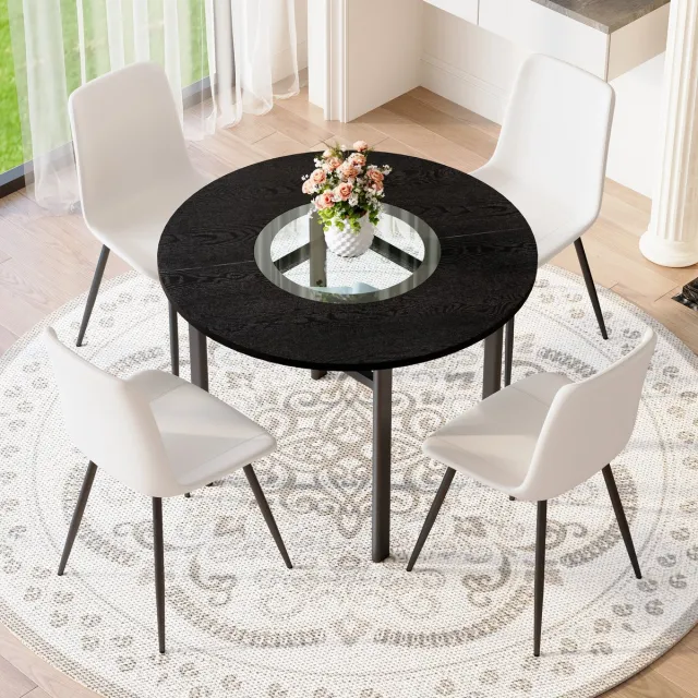 MODENUIT Eettafelset 100 cm - Ronde Tafel Met 4 Stoelen En Glasplateau - Eetkamer En Woonkamer - MDF Metaal Wit Zwart + Wit
