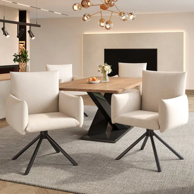 Pugsdrly Set van 4 eetkamerstoelen, gestoffeerde stoel met 4 metalen poten, 360° draaibare stoel, salon- of slaapkamerstoel, bureaustoel, lendensteun, fluweel, beige