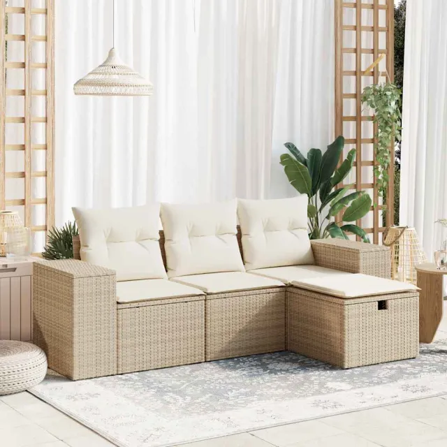 vidaXL 4-delige Loungeset met kussens poly rattan beige, foto 2
