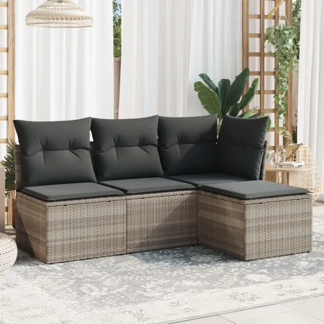 vidaXL 4-delige Loungeset met kussens poly rattan grijs, foto 2