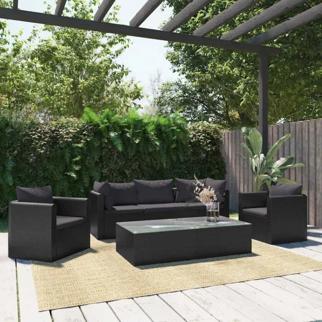 vidaXL 7-delige Loungeset met kussens poly rattan zwart