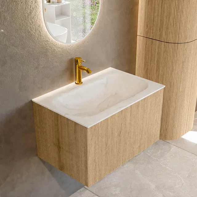 Mondiaz KURVE-DLUX 70 cm Onderkast Greeploos 1 Lade Zonder Deuren Oak, Wastafel Solid Surface Volledig Ostra 1 Kraangat Zonder Spiegel (KRVBGS701L0D1KM-Oak/Ost)