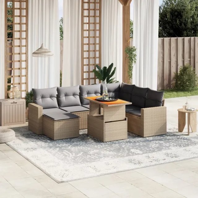 vidaXL 8-delige Loungeset met kussens poly rattan beige, foto 2