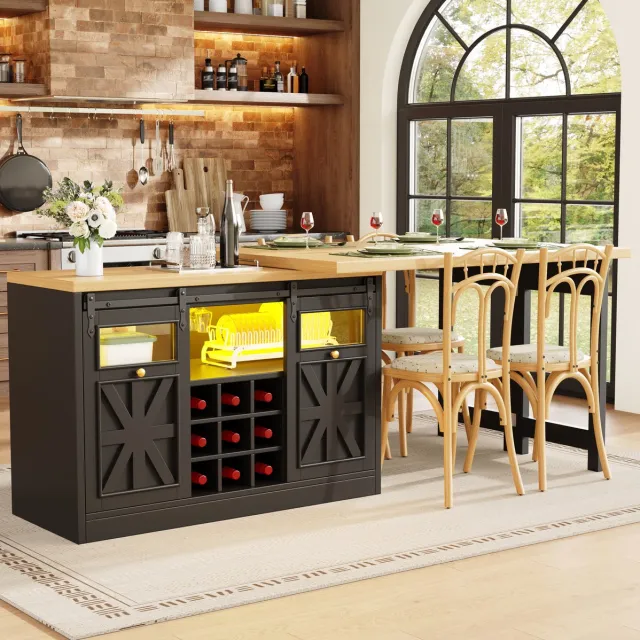 OKWISH Multifunctionele Eettafel - Uitschuifbaar En Draaibaar - Keukenisland Met Opbergruimte - MDF Zwart - 120 Tot 197 Cm Bij 40 Bij 72 Cm