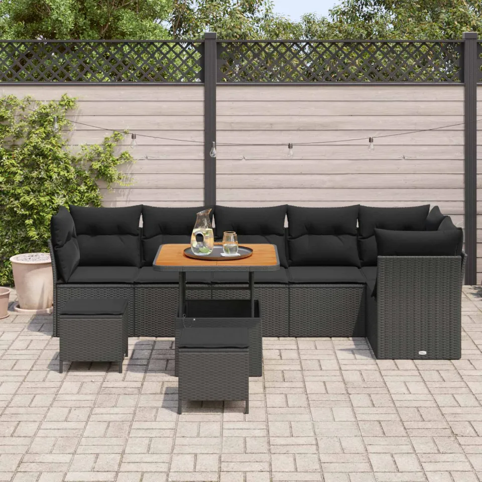 vidaXL Tuinbankenset 9 st Zwart poly rattan, foto 3