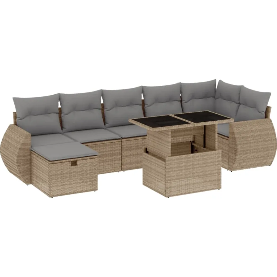 vidaXL 8-delige Loungeset met kussens poly rattan beige, foto 3
